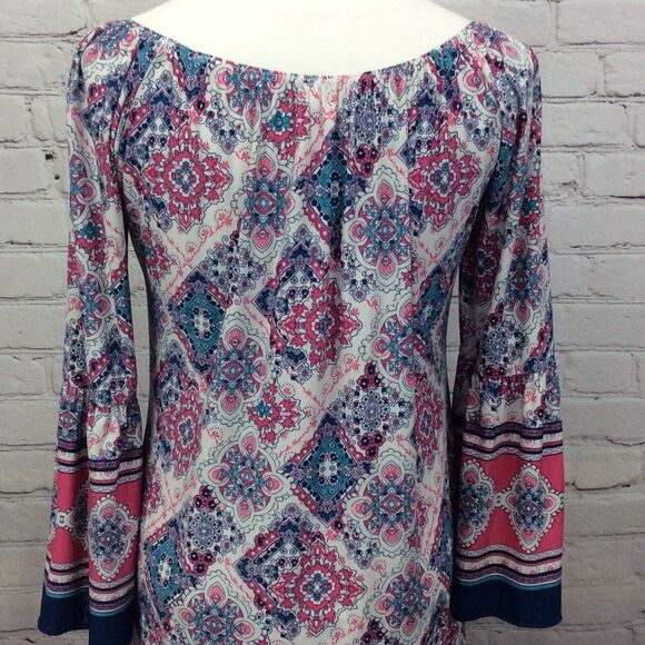 Mermaid Cove Shift Dress Women's Sm Peasant Style Bell Sleeves Geometric Beachy - Picture 9 of 10